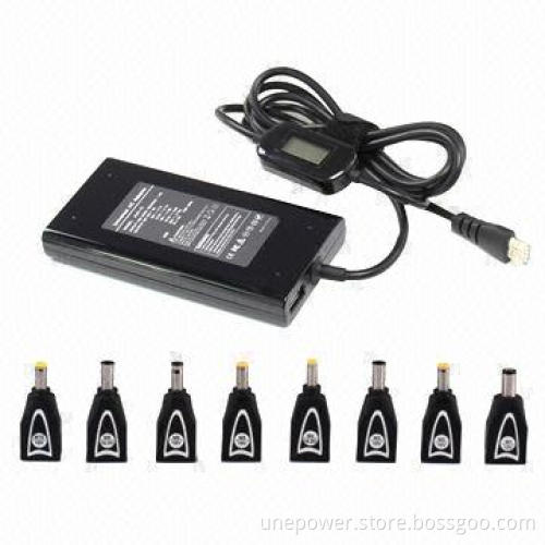 Slim Universal Laptop Adapter, 75W Automatic, 8V DC Connectors, with USB Slot and LCD, in Black